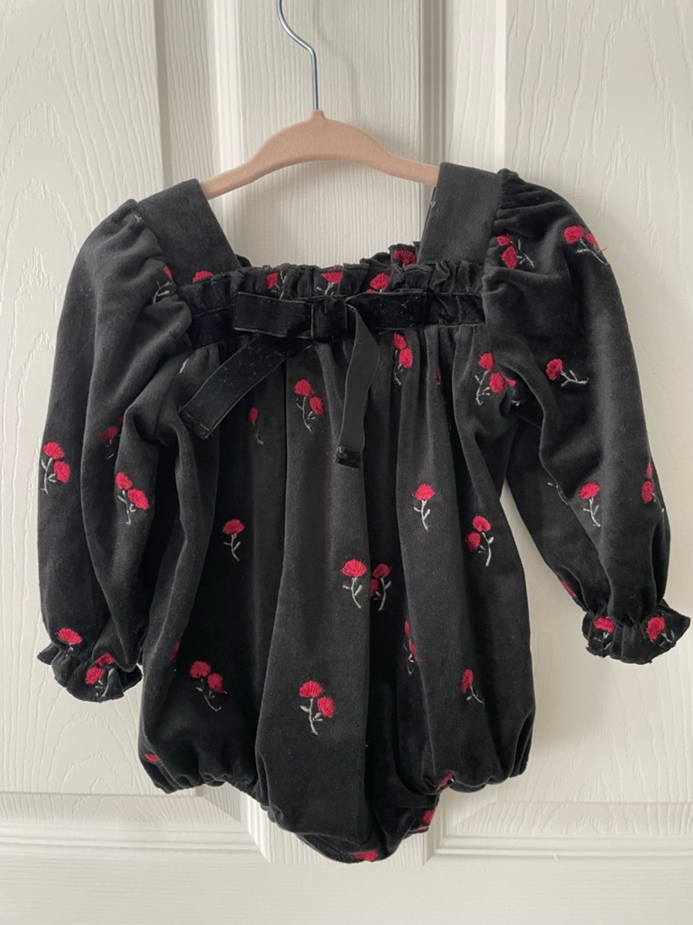 Velvet Baby Romper with Red Rose Embroidery